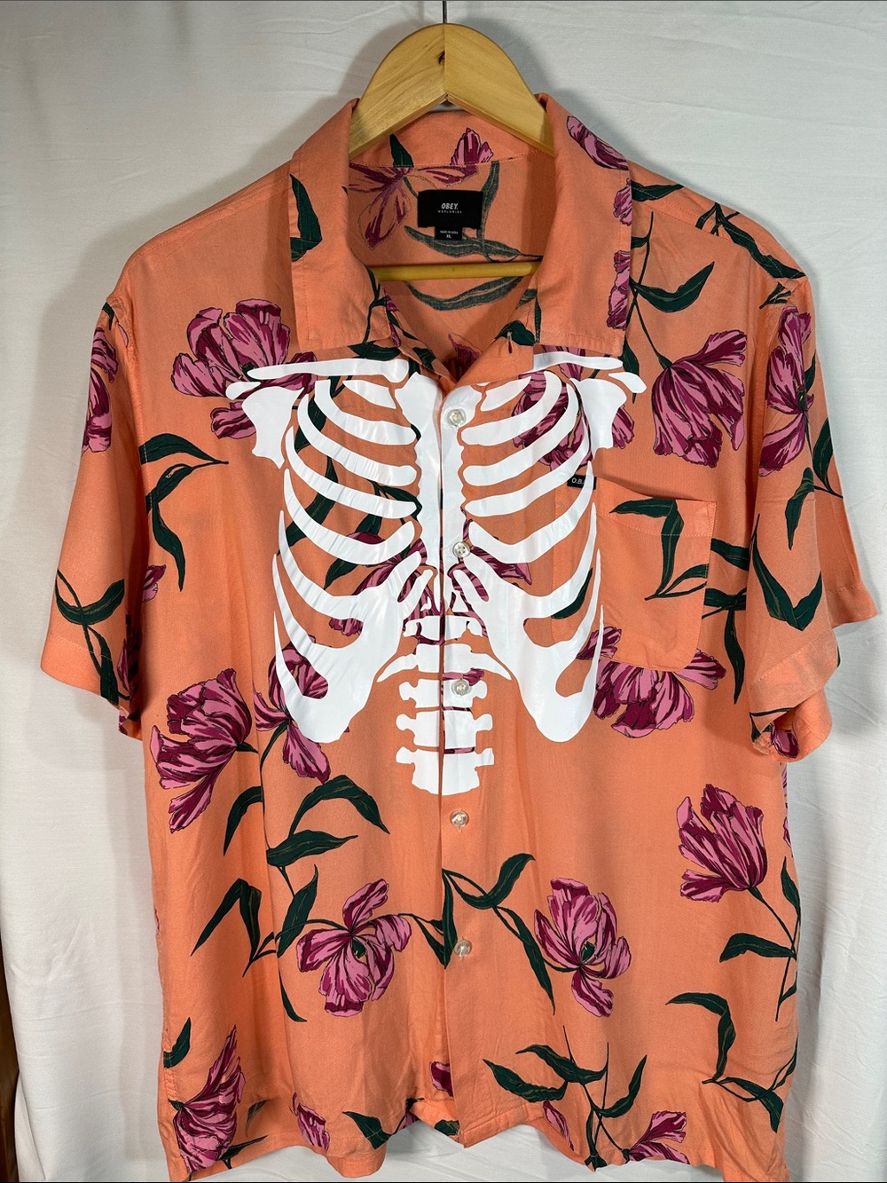 Obey Coral Button-Down Shirt with White Skeleton and Purple Floral Print